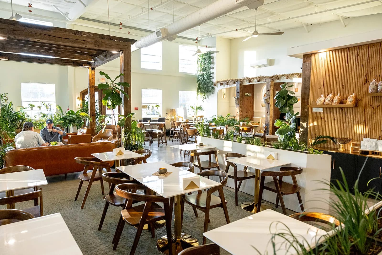Bright Manna Bakery dining room with timber beams, white tables, and abundant greenery