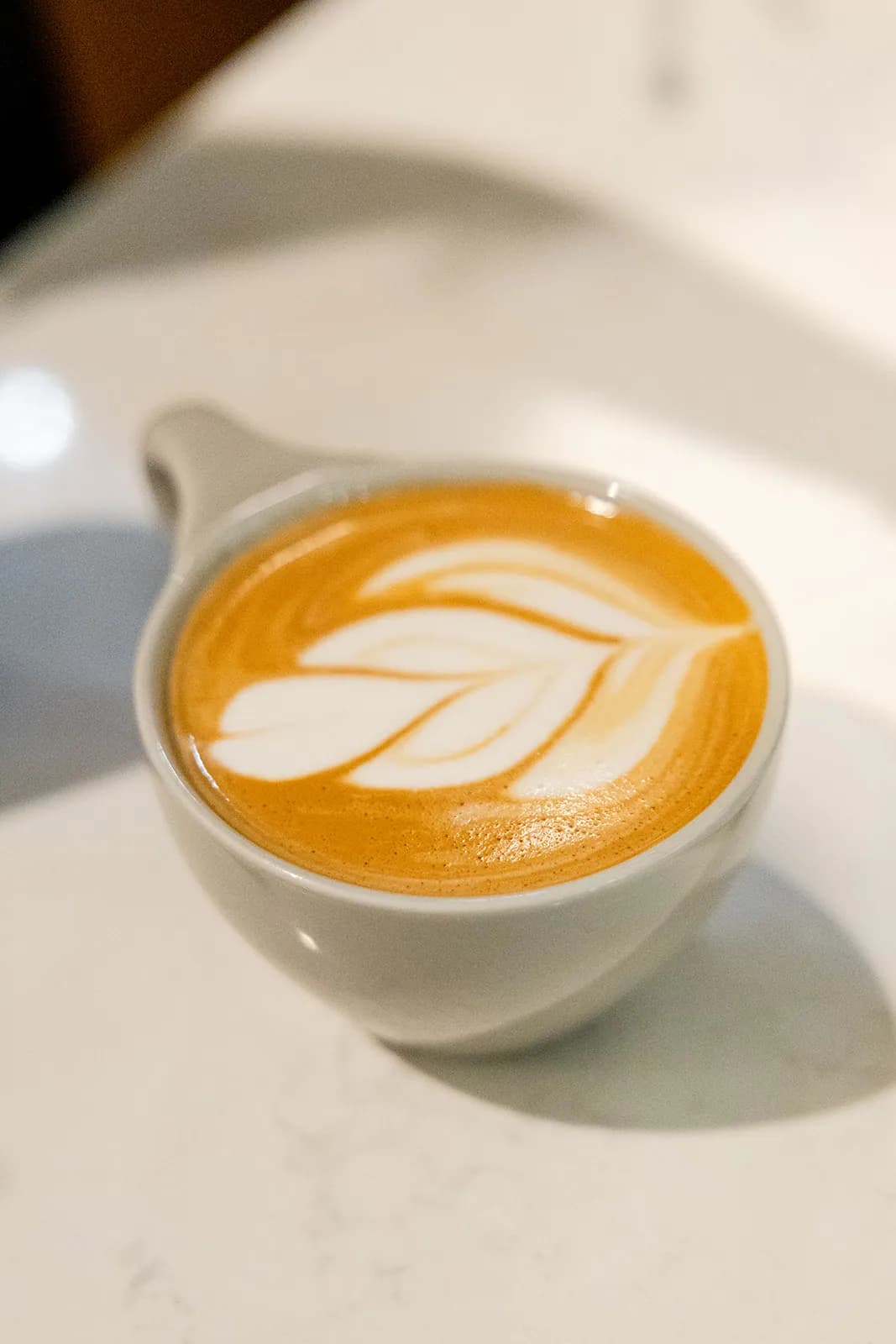 Leaf-shaped latte art in a freshly poured Manna drink