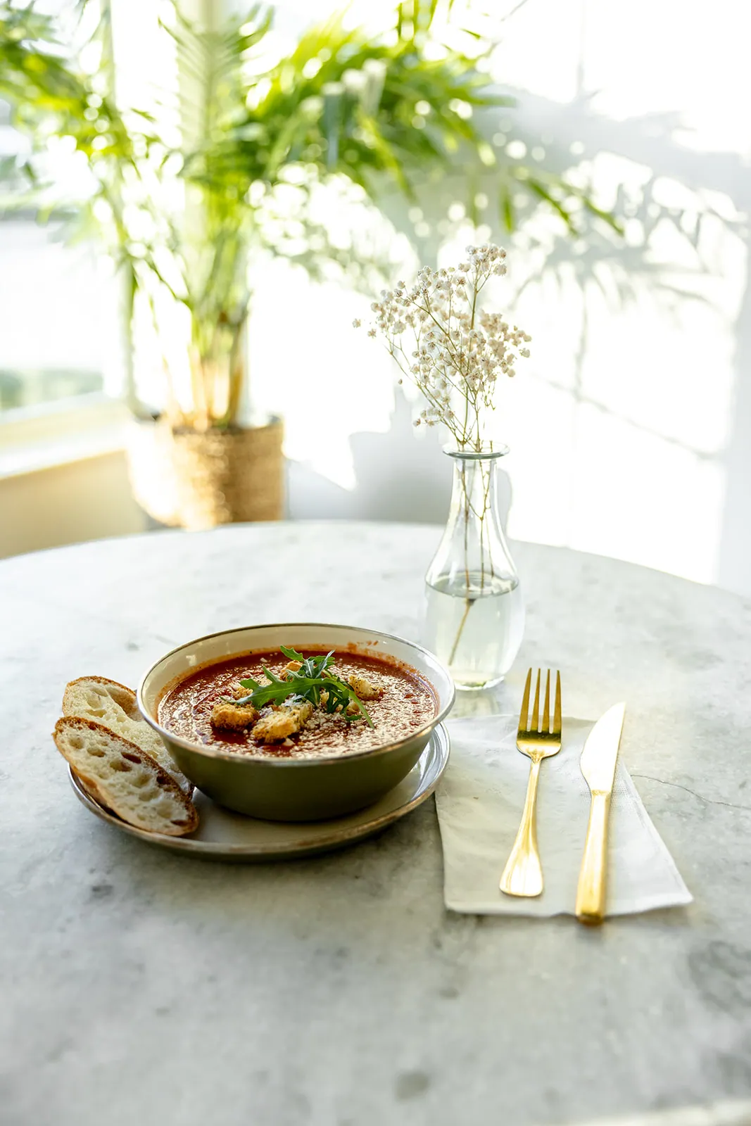 Tomato basil soup with bread on marble